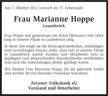 Todesanzeige von Marianne Hoppe von KRZ