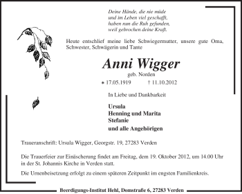 Todesanzeige von Anni Wigger von KRZ