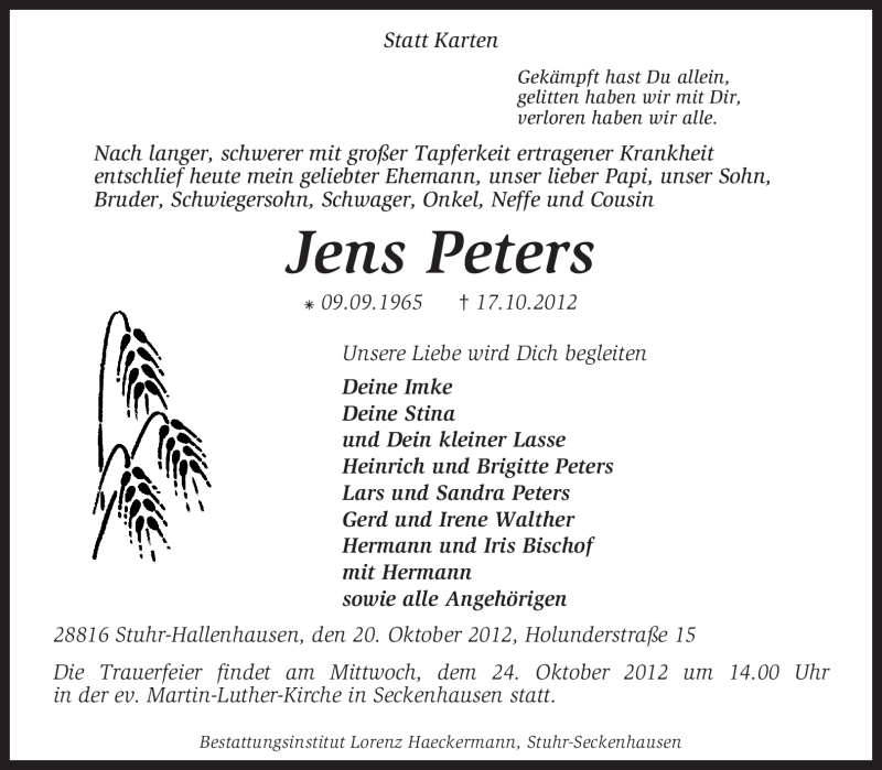 Traueranzeige für Jens Peters vom 20.10.2012 aus KRZ