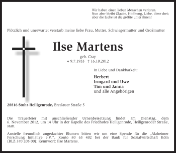 Todesanzeige von Ilse Martens von KRZ