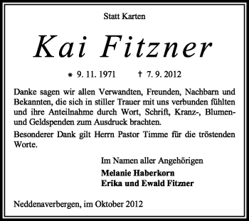 Todesanzeige von Kai Fitzner von KRZ