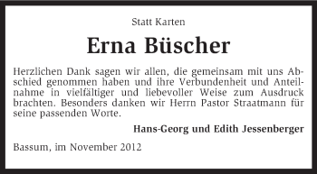 Todesanzeige von Erna Büscher von KRZ