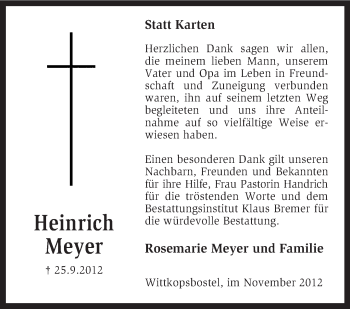 Todesanzeige von Heinrich Meyer von KRZ