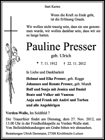 Todesanzeige von Pauline Presser von KRZ