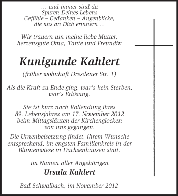 Todesanzeige von Kunigunde Kahlert von KRZ