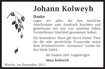 Todesanzeige von Johann Kolweyh von KRZ