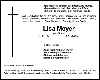 Todesanzeige von Lisa Meyer von KRZ