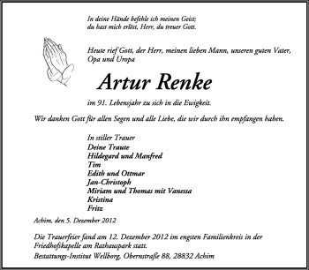 Todesanzeige von Artur Renke von KRZ