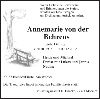 Todesanzeige von Annemarie  von der Behrens von KRZ