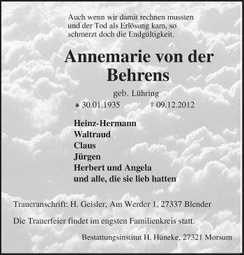Todesanzeige von Annemarie  von der Behrens von KRZ