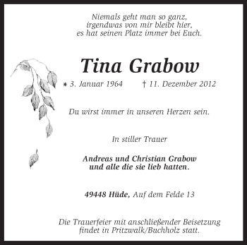 Todesanzeige von Tina Grabow von KRZ