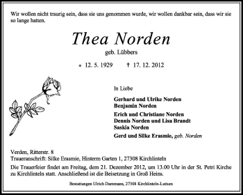 Todesanzeige von Thea Norden von KRZ
