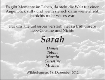 Todesanzeige von Sarah  von KRZ