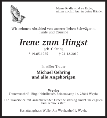 Todesanzeige von Irene  zum Hingst von KRZ