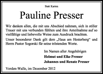 Todesanzeige von Pauline Presser von KRZ