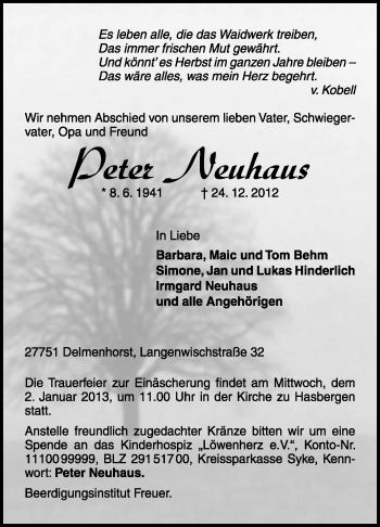 Todesanzeige von Peter Neuhaus von KRZ