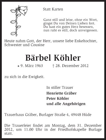 Todesanzeige von Bärbel Köhler von KRZ