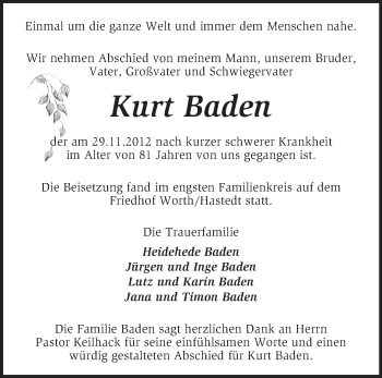 Todesanzeige von Kurt Baden von KRZ