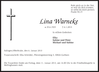 Todesanzeige von Lina Wanrneke von KRZ