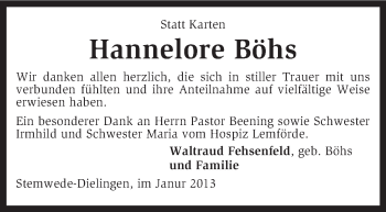 Todesanzeige von Hannelore Böhs von KRZ