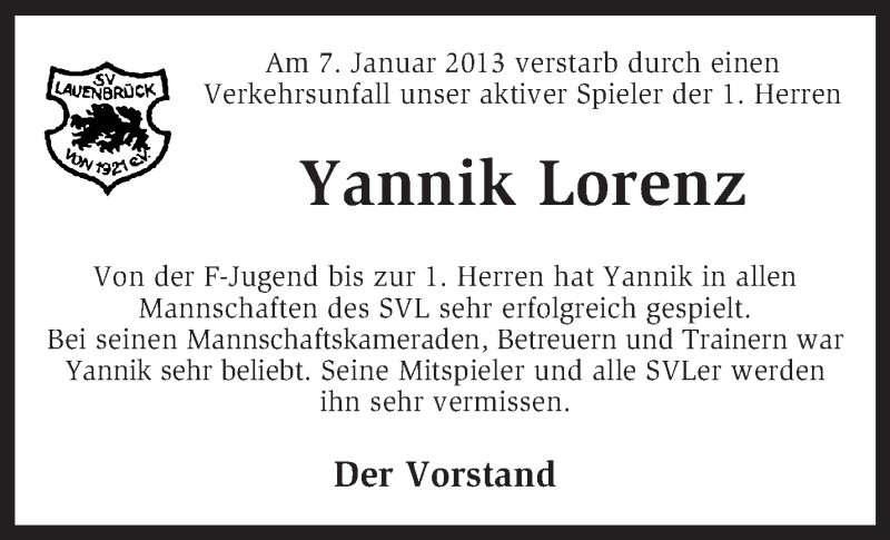  Traueranzeige für Yannik Lorenz vom 10.01.2013 aus KRZ