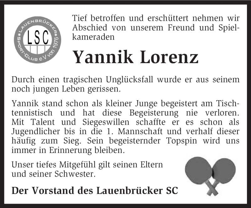  Traueranzeige für Yannik Lorenz vom 10.01.2013 aus KRZ
