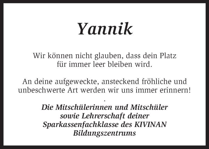  Traueranzeige für Yannik Lorenz vom 11.01.2013 aus KRZ