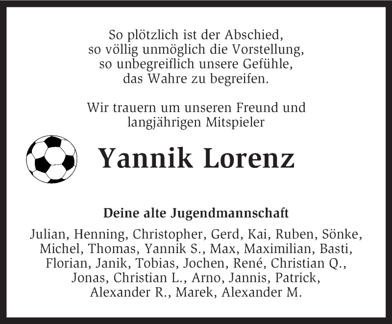  Traueranzeige für Yannik Lorenz vom 12.01.2013 aus KRZ