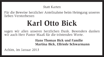 Todesanzeige von Karl Otto Bick von KRZ