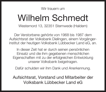 Todesanzeige von Wilhelm Schmedt von KREISZEITUNG SYKE