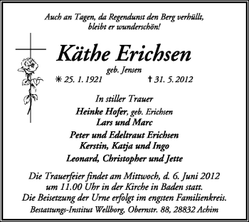 Todesanzeige von Käthe Erichsen von KREISZEITUNG SYKE