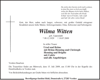Todesanzeige von Wilma Witten von KREISZEITUNG SYKE