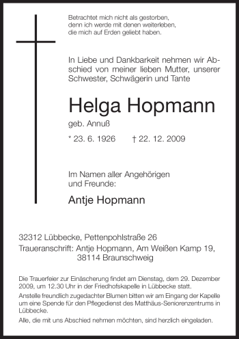Todesanzeige von Helga Hopmann 