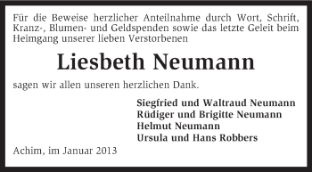 Todesanzeige von Liesbeth Neumann von KRZ