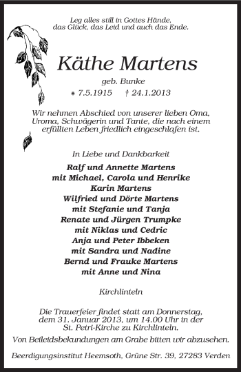 Todesanzeige von Käthe Martens von KRZ