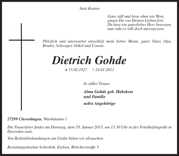 Todesanzeige von Dietrich Gohde von KRZ