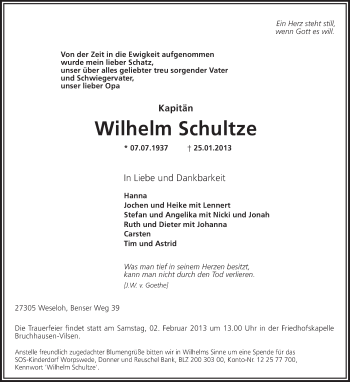 Todesanzeige von Wilhelm Schultze von KRZ