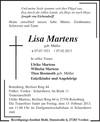 Todesanzeige von Lisa Martens von KRZ