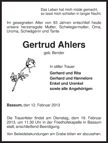 Todesanzeige von Gertrud Ahlers von KRZ