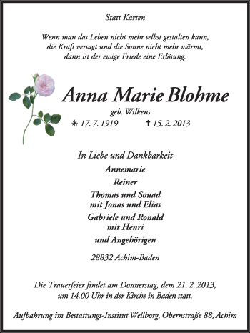 Todesanzeige von Anna Marie Blohme von KRZ