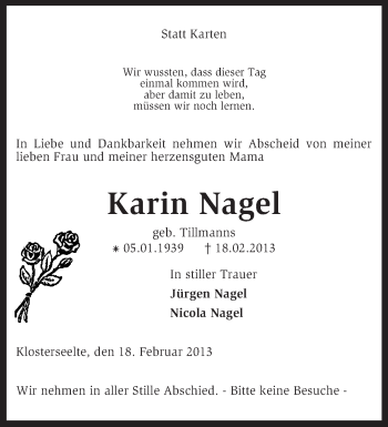 Todesanzeige von Karin Nagel von KRZ