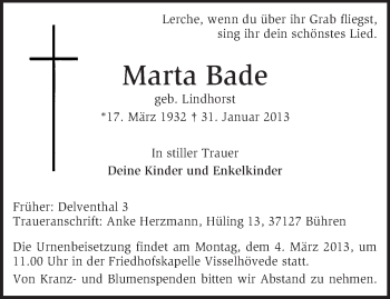 Todesanzeige von Marta Bade von KRZ