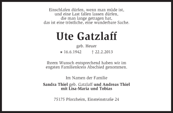 Todesanzeige von Ute Gatzlaff von KRZ