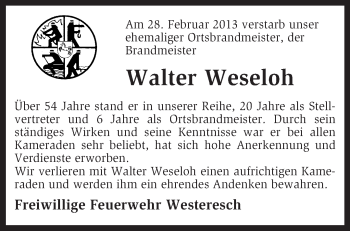 Todesanzeige von Walter Weseloh von KRZ