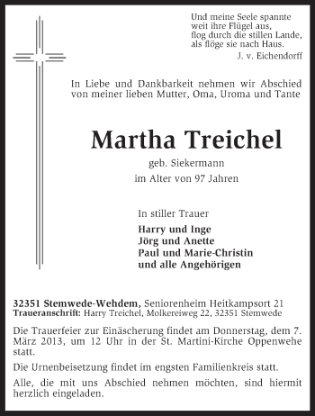 Todesanzeige von Martha Treichel von KRZ