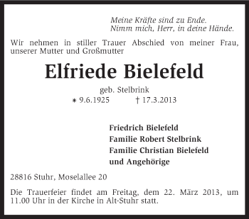 Todesanzeige von Elfriede Bielefeld von KRZ