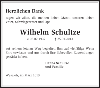 Todesanzeige von Wilhelm Schultze von KRZ