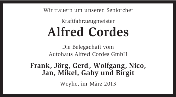 Todesanzeige von Alfred Cordes von KRZ
