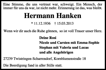 Todesanzeige von Hermann Hanken von KRZ