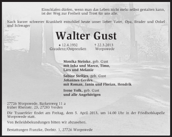Todesanzeige von Walter Gust von KRZ
